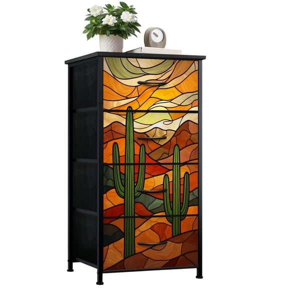 Dresser for Bedroom with 4 Storage Drawers Western Desert Stained Glass Cactus Sunset Design Dressers Chest of Drawers Steel Framed Fabric Closet Organizers for Dorm Entryway