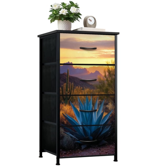 Dresser for Bedroom with 4 Storage Drawers Western Landscape Nature Scenery Succulent Cactus Agave Plant Desert Dressers Chest of Drawers Steel Framed Fabric Closet Organizers for Entryway