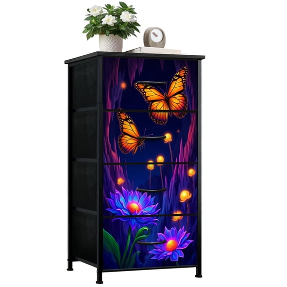 Dresser for Bedroom with 4 Storage Drawers Whimsical Landscape Glowing Butterflies Oversized Dressers Chest of Drawers Steel Framed Fabric Closet Organizers for Dorm Entryway