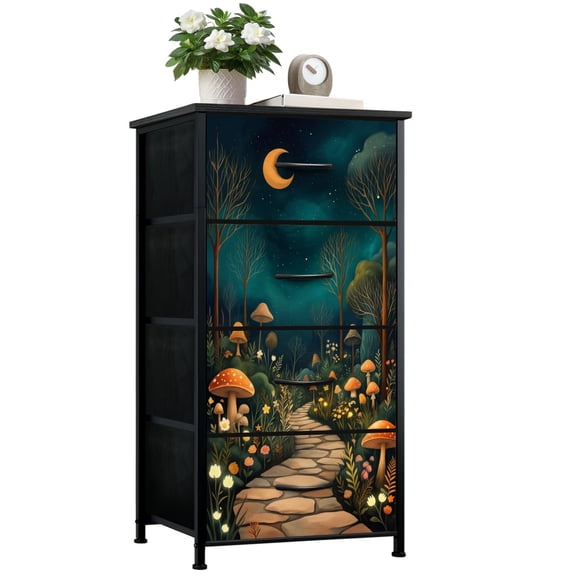 Dresser for Bedroom with 4 Storage Drawers Whimsical Night Forest Path Glowing Mushrooms Crescent Moon Dressers Chest of Drawers Steel Framed Fabric Closet Organizers for Dorm Entryway