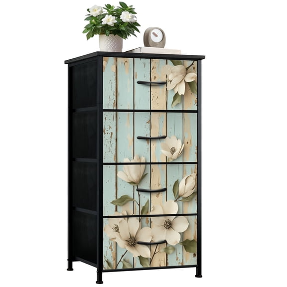 Dresser for Bedroom with 4 Storage Drawers White Magnolia Flowers Rustic Blue Beige Wooden rustic vintage Dressers Chest of Drawers Steel Framed Fabric Closet Organizers for Dorm End Table