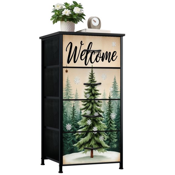 Dresser for Bedroom with 4 Storage Drawers Winter Garden Xmas Tree Pine Tree Festive Rustic Farmland Burlap Yard Dressers Chest of Drawers Steel Framed Fabric Closet Organizers for Entryway