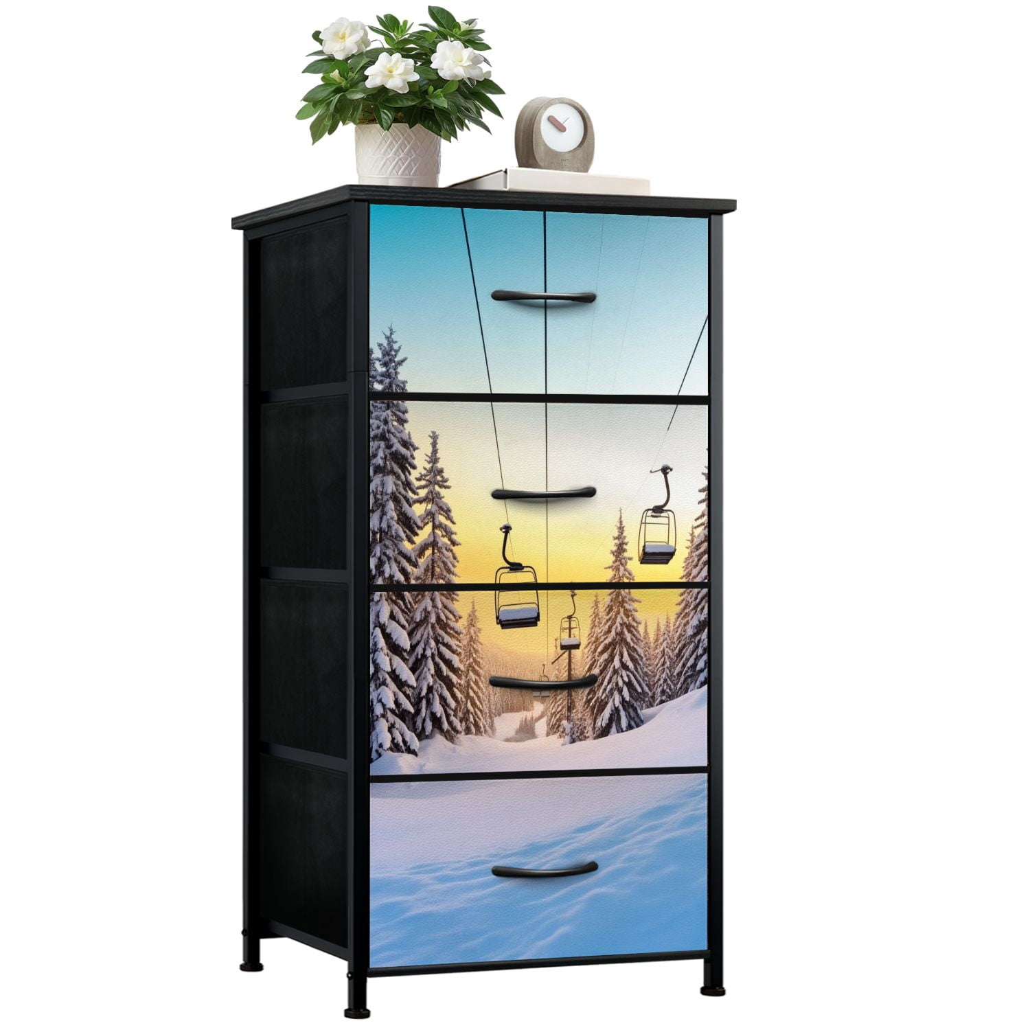 Dresser for Bedroom with 4 Storage Drawers Winter mountains panorama ski slopes ski lifts Dressers Chest of Drawers Steel Framed Fabric Closet Organizers for Dorm Entryway
