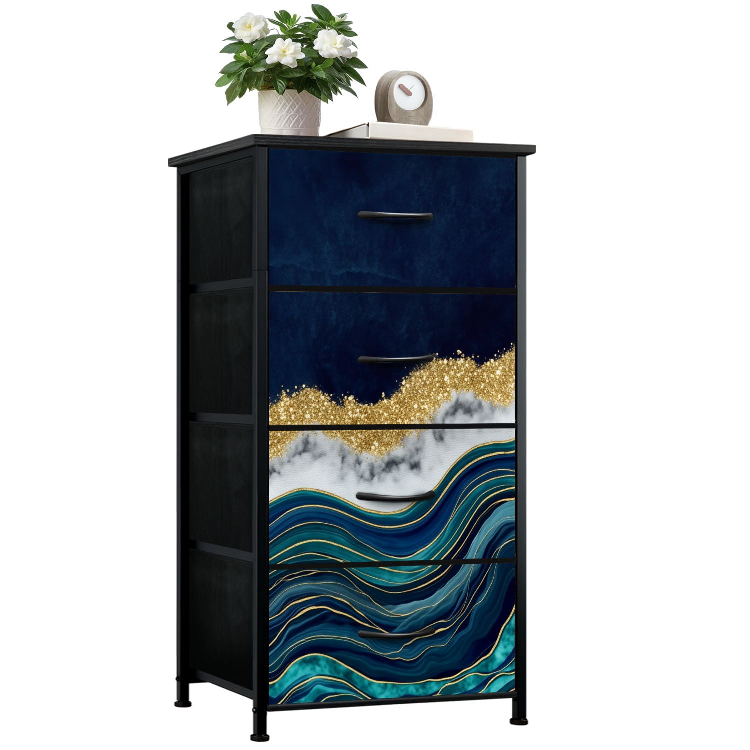 Dresser for Bedroom with 4 Storage Drawers abstract blue agate golden veins white marble fake Dressers Chest of Drawers Steel Framed Fabric Closet Organizers for Dorm Entryway