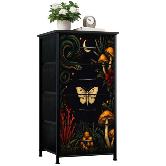 Dresser for Bedroom with 4 Storage Drawers magical forest elements snake night mushrooms plant space Dressers Chest of Drawers Steel Framed Fabric Closet Organizers for Bedroom Dorm Playroom