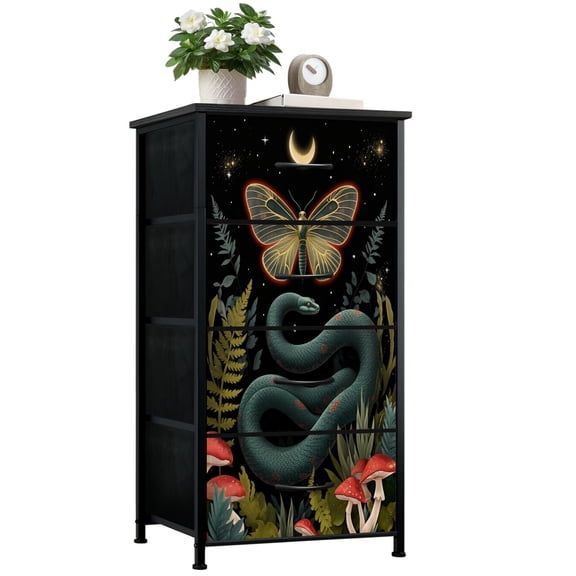 Dresser for Bedroom with 4 Storage Drawers magical forest elements snake night mushrooms plant space Dressers Chest of Drawers Steel Framed Fabric Closet Organizers for Entryway