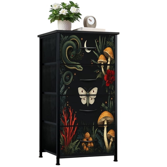 Dresser for Bedroom with 4 Storage Drawers magical forest elements snake night mushrooms plant space Dressers Chest of Drawers Steel Framed Fabric Closet Organizers for Entryway