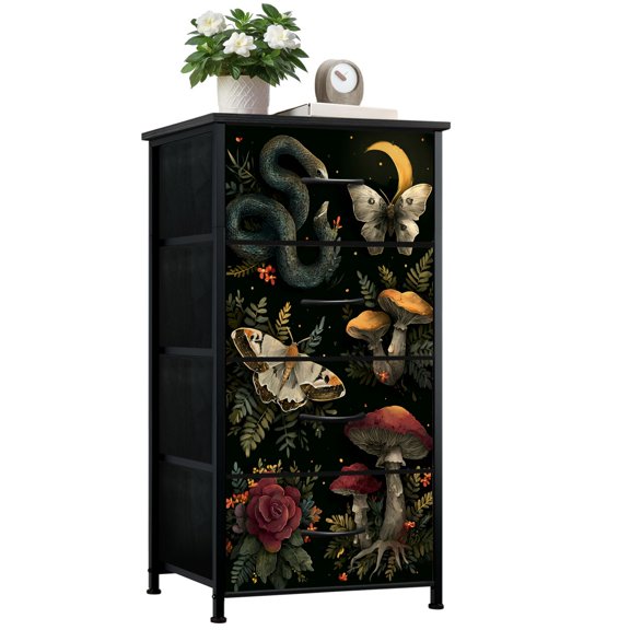 Dresser for Bedroom with 4 Storage Drawers magical forest elements snake night mushrooms plant space Dressers Chest of Drawers Steel Framed Fabric Closet Organizers for Living Room Hallway Entryway