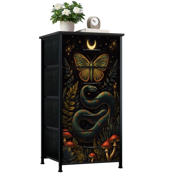 Dresser for Bedroom with 4 Storage Drawers magical forest elements snake night mushrooms plant space Dressers Chest of Drawers Steel Framed Fabric Closet Organizers for Bedroom Dorm Playroom