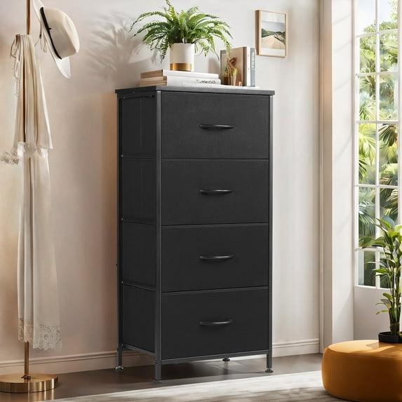 【Great Deal】4-Drawer Dresser, Space Saver Fabric Storage Tower with Wood Top & Metal Frame, Easy Assembly for Bedroom, Closet, Nursery, Black