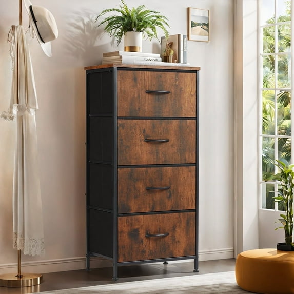 Mydepot Tall 4-Drawer Fabric Drawer Dresser Wooden Top – Storage Organizer for All-ages, Bedroom, Entryway