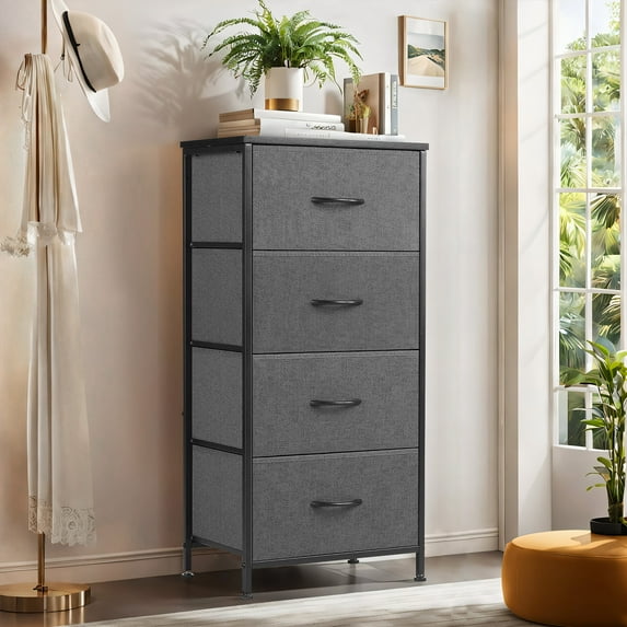 【Great Deal】4-Drawer Dresser, Space Saver Fabric Storage Tower with Wood Top & Metal Frame, Easy Assembly for Bedroom, Closet, Nursery, Gray