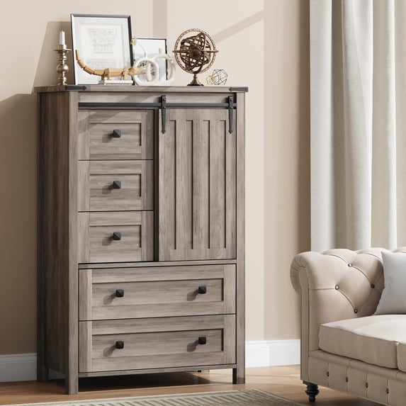 Dresser for Bedroom with 5 Drawers, 48" Tall Chest of Drawers, Wooden Closet Dresser with Storage Cabinet, Grey Farmhouse Dresser Organizer with Handles for Living Room, Hallway, Entryway