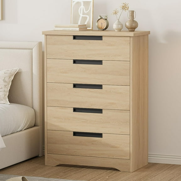 Dresser for Bedroom with 5 Drawers, Dressers with Wide Chest of Drawers, Mid Century Modern Wooden Closet Storage Organizer, Small Dressers for Nursery, Hallway, Living Room