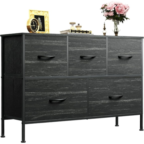 Dresser for Bedroom with 5 Drawers, Long Storage Dresser, Fabric Dressers, Storage Drawer Unit with Fabric Bins for Closet, Hallway, Charcoal Black Wood Grain Print, Size L
