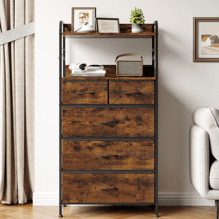 Dresser for Bedroom with 5 Drawers, Vertical Dresser with 5 Fabric Drawers and 2-Tier Open Shelves, Storage Organizer Unit with Fabric, Sturdy Metal Frame, for Closet, Hallway, Living Room