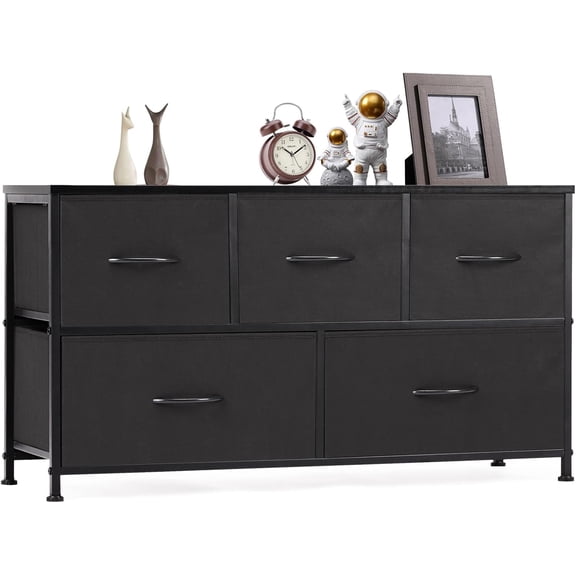 Dresser for Bedroom with 5 Drawers, Wide Chest of Drawers, Fabric Bedroom Dresser with Drawer Organizer, Storage Organizer Unit with Fabric Bins for Closet, Living Room, Hallway, Classic Black
