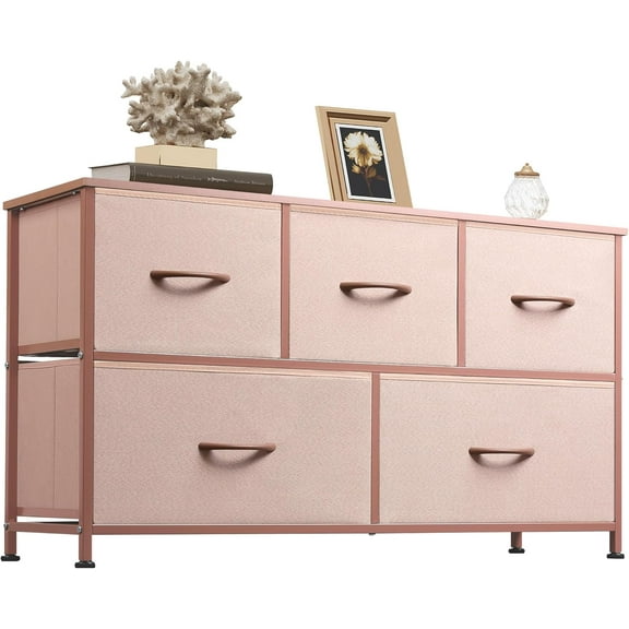 Dresser for Bedroom with 5 Drawers, Wide Chest of Drawers, Fabric Dresser, Storage Organizer Unit with Fabric Bins for Closet, Living Room, Hallway, Dark Grey