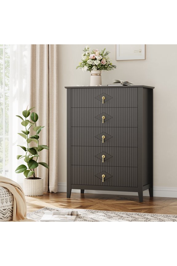 Dresser for Bedroom with 5 Drawers, five drawer storage organizer Vertical Drawer Dresser with Storage Freestanding Modern Chest of Drawers with Metal Handle, Dresser TV Stand, Wood Drawer Organizer