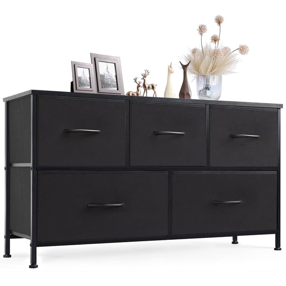 CONCETTA Dresser 5 Fabric Storage Drawer Dresser, TV Stand, Chest of Drawers for Bedroom, Closet, Entryway, Living Room, Black