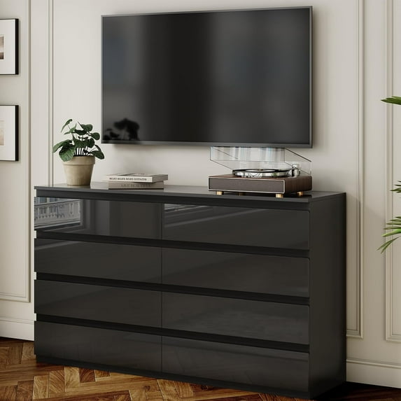 Dresser for Bedroom, 55" Wide Wooden 8 Drawer Dressers, Modern Chest of Drawers for Clothes Storage, Multi-Functional Storage Organizer, Black Dresser for Bedroom, Living Room, Entryway & Hallway