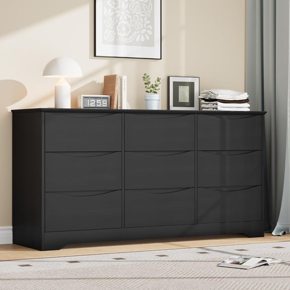 Dresser for Bedroom,59'' Wide Chest of Drawers with 9 Drawer,Large Storage Tower Unit with Wave Pattern Design,Wooden TV Stand Storage Dresser for Bedroom, Living Room, Hallway