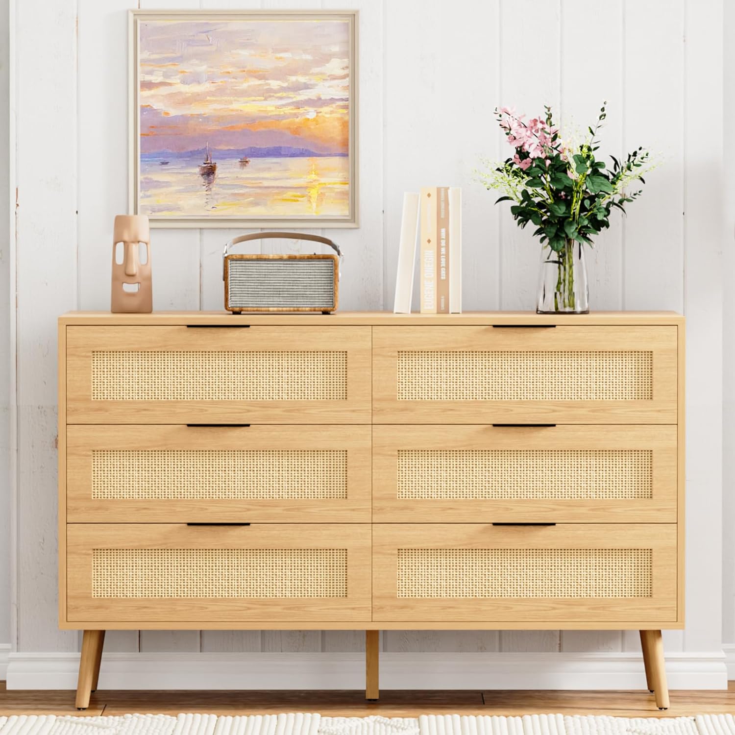 Dresser for Bedroom with 6 Drawers, Black Dresser with Golden Handles, Chest of Drawers,Modern Bedroom Furniture, Wood Dressers with Drawers for Closet Hallway, Living Room, Entryway