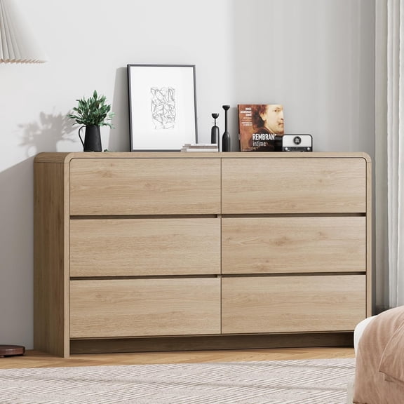 Dresser for Bedroom 6 Drawer Wood Dresser 47.3" Wide, Chest of Drawers for Bedroom, Living Room, Hallway, Entryway, Modern TV Stand Drawer Organizer, Light Oak