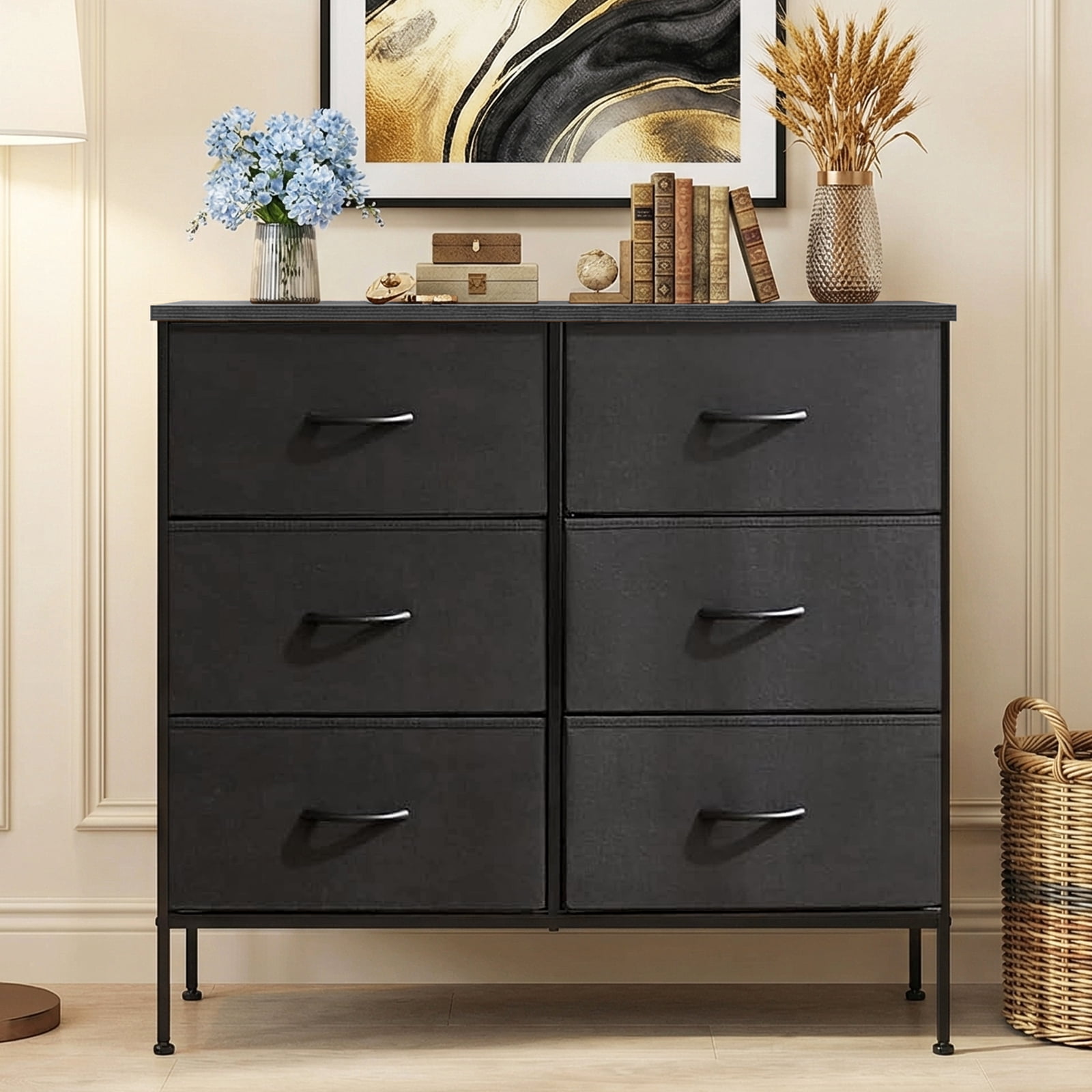 Sybels Storage Dresser with 6 Drawers, Anti-Tip Fabric Chests Organizer Tower Furniturefor Bedroom, Closet, Hallway, Entryway, Black