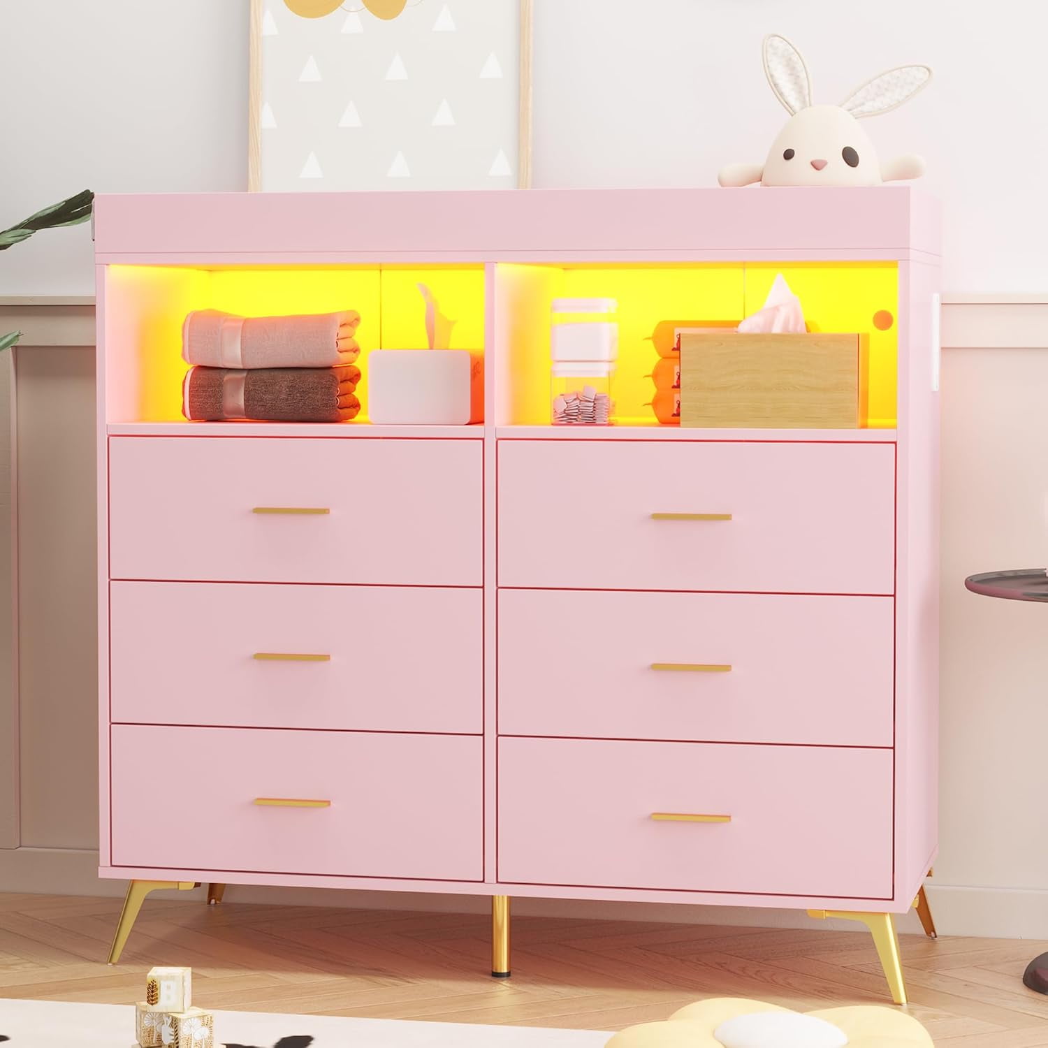 Dresser for Bedroom with 6 Drawers, Baby Changing Table Dresser with Changing Pad, LED Lights & Charging Station, Baby Changing Station with Changing Table Top