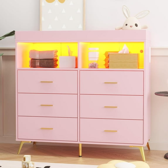Dresser for Bedroom with 6 Drawers, Baby Changing Table Dresser with Changing Pad, LED Lights & Charging Station, Baby Changing Station with Changing Table Top