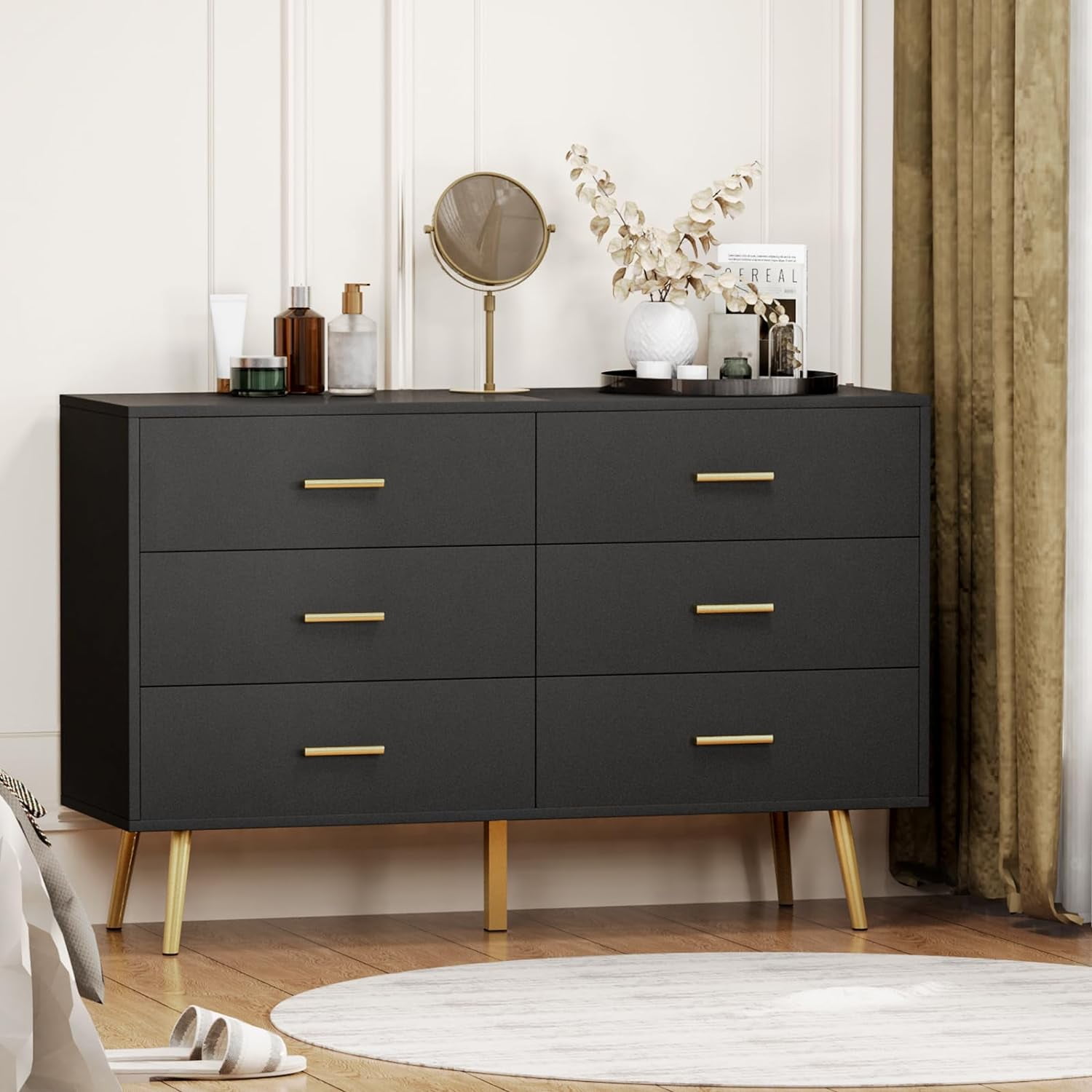 Dresser for Bedroom with 6 Drawers, Black Dresser with Golden Handles, Chest of Drawers,Modern Bedroom Furniture, Wood Dressers with Drawers for Closet Hallway, Living Room, Entryway