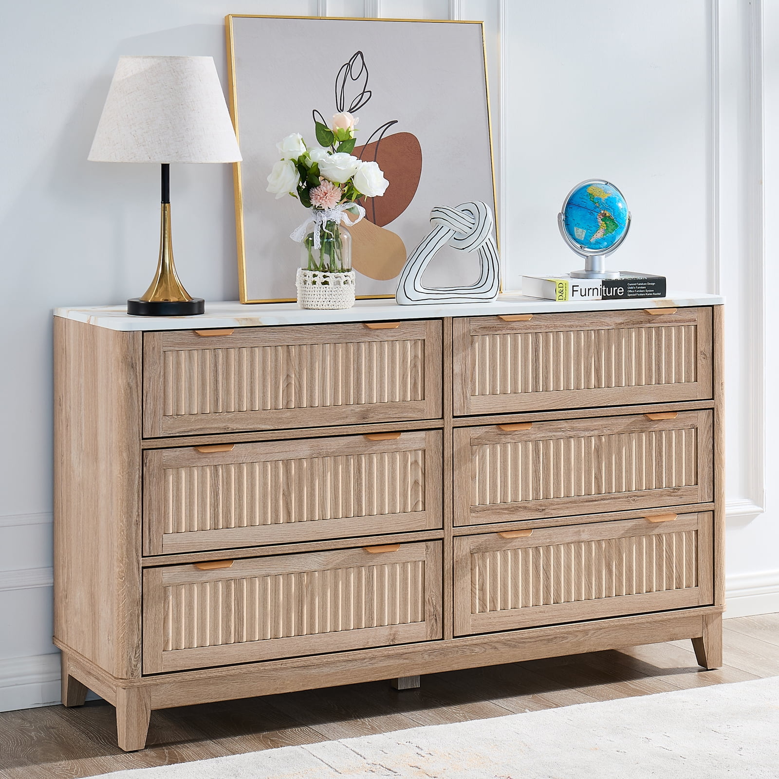 Dresser for Bedroom 6 Drawers,Fluted Dressers with Faux Marble Top