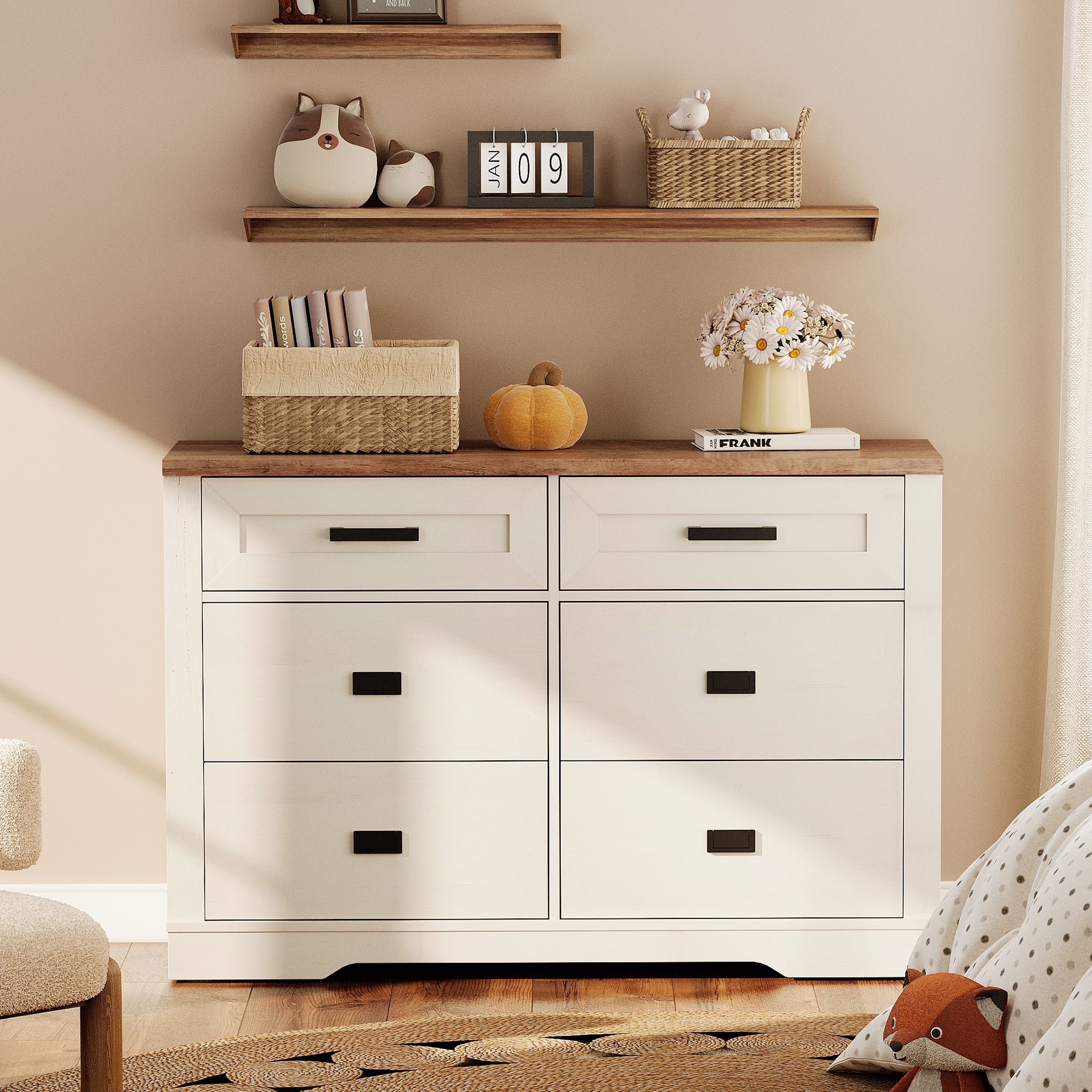 Dresser for Bedroom with 6 Drawers,Mid Century Modern Closet Storage Organizer, Chest of Drawers with Metal Handles, Wood Dresser for Liviing Room, Hallway, White
