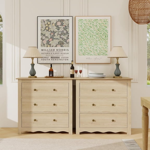 Dresser for Bedroom with 6 Drawers, Mid Century Modern Wooden Dressers Chest of Drawers with Handles, 3 Drawer Nightstand Set of 2, Storage Organizer for Bedroom, Hallway, Living Room, Wood