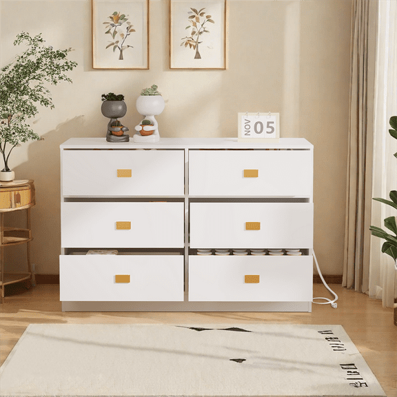 Dresser for Bedroom with 6 Drawers, Wide Chest of Drawers with Changing Table Top, Baby Dresser with Changing Table Top for Nursery, Soft Changing Pad & Removable Top, White