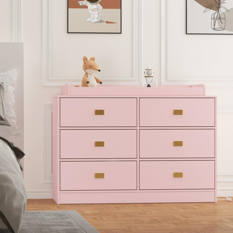 Room Pink Baby Dresser Dresser For Bedroom With Drawers, Wide Chest Of Drawers With Changing Table Top, Nursery Storage Organizer For Infant With Power Outlets, Changing Pad Removable Top Room Pink Baby Dresser Dresser For Bedroom With Drawers, Wide Chest Of Drawers With Changing Table Top, Nursery Storage Organizer For Infant With Power Outlets, Changing Pad Removable Top