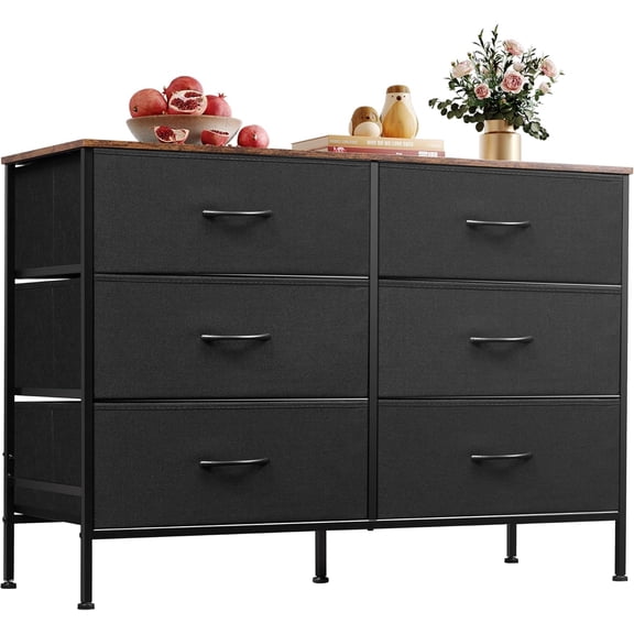 Dresser for Bedroom with 6 Drawers, Wide Dresser TV Stand for 50 Inches TV, with Fabric Drawers, Metal Frame, Wooden Top, Storage Dressers for Bedroom, Hallway, Entryway