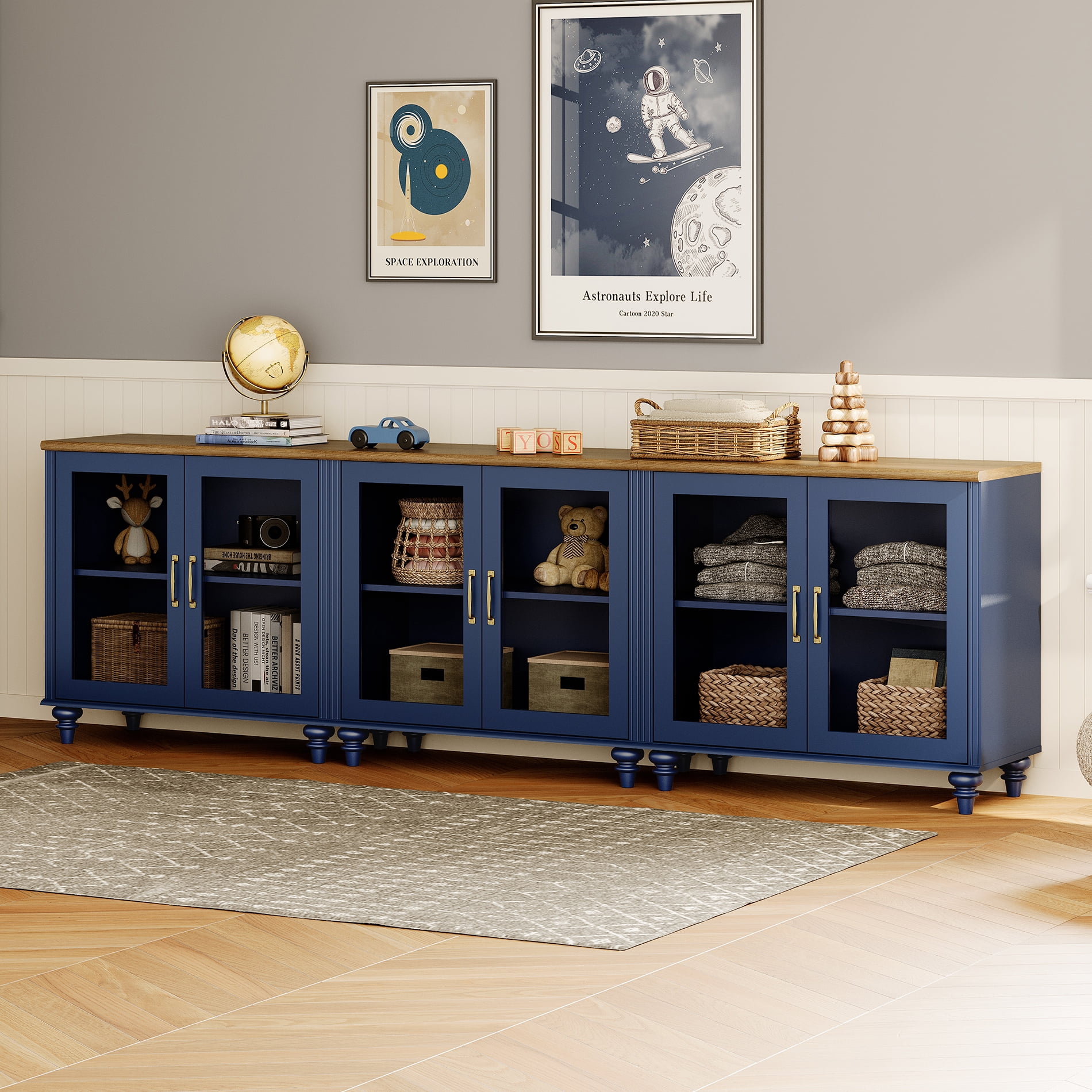 Dresser for Bedroom with 6 Glass Doors, Kids Dressers with Adjustable Shelf, Mid Century Modern Wooden Closet Storage Organizer, Large Wood Dressers for Living Room, Nursery, Hallway, Navy Blue