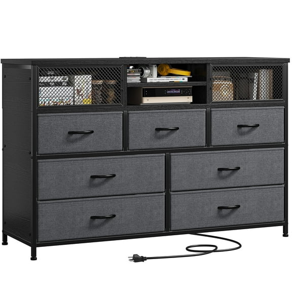 Dresser for Bedroom with 7 Drawers Dresser, TV Stand for Bedroom for 50" TV with Charging Station and Mesh Door,Chest of Drawers for Living Room, Closet, Wooden Top, Metal Frame, Grey