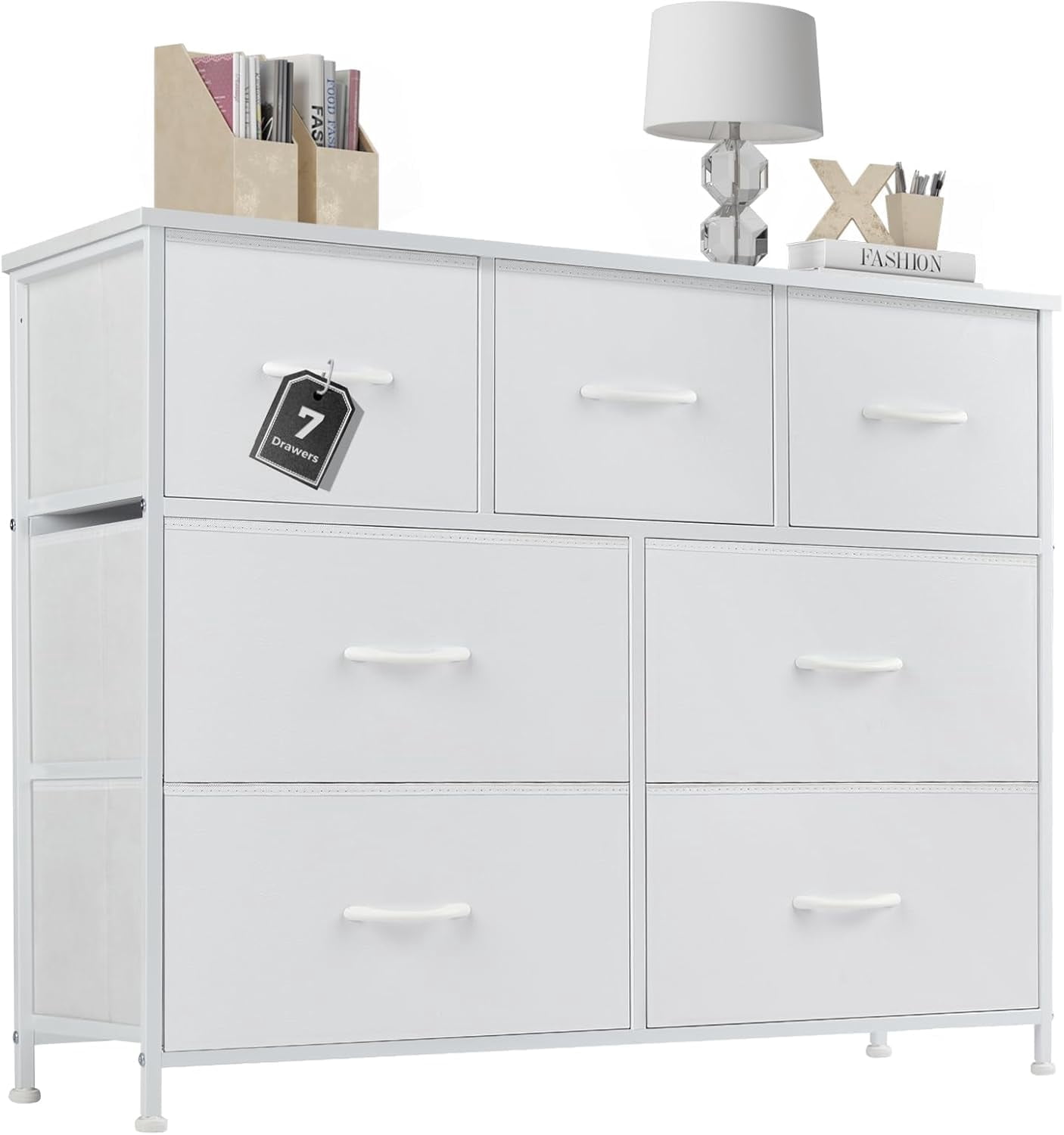 【Holiday Ready】Space-Saving 7-Drawer Fabric Dresser, Easy Assembly Storage Organizer for Bedroom & Nursery, White with Wood Top