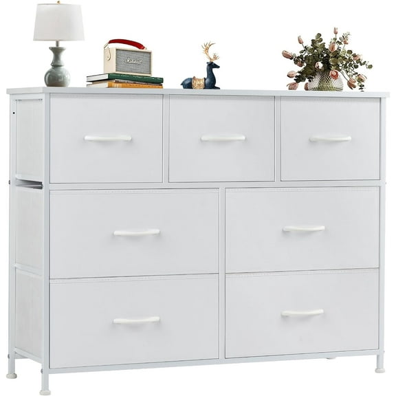 Dresser for Bedroom, 7 Storage Drawers, Wide Fabric Closet Chests Organizer Tower Furniture, TV Stand with Wooden Top Metal Frame for Clothes, Living Room, Hallway, Entryway, Classic White