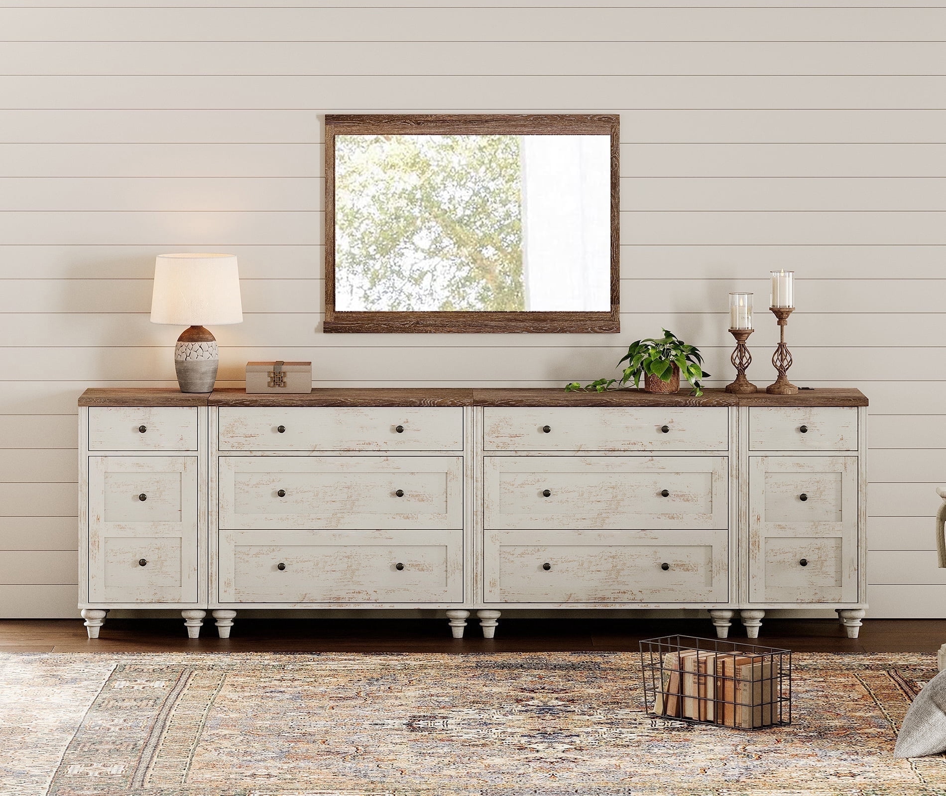 WAMPAT Dresser for Bedroom with 8 Drawers and 2 Storages, Nightstands with Charging Station for Living Room, Dressers with 3 Wide Chests of Drawers, Hallway, Rustic White