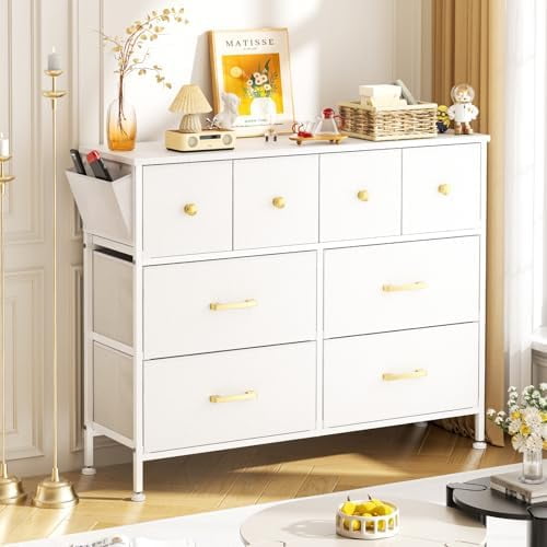 Dresser for Bedroom with 8 Drawers, Chest Tower TV Stand with Fabric Bins, Metal Frame, Wooden Top for Nursery, Living Room, Kidsroom, Closet, Easy Pull Handle, White$$Home Decor, Kitchen, & Other