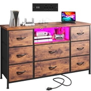 Dresser for Bedroom with 8 Fabric Drawer,Chest of Drawers with Charging Station and LED Lights,55 inch TV Stand with Open Shelves, 8 Drawers Dressers for Entryway, Living Room,Closet,Rustic Brown