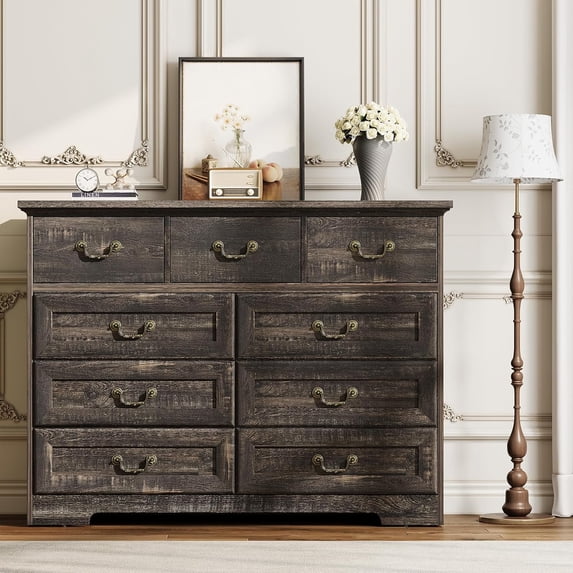 Dresser for Bedroom 9 Drawers, 47" Wide Vintage Chest of Drawers with Metal Handle, Wood Dresser for Closet with Two Different Drawer Sizes for Living Room, Hallway, Black