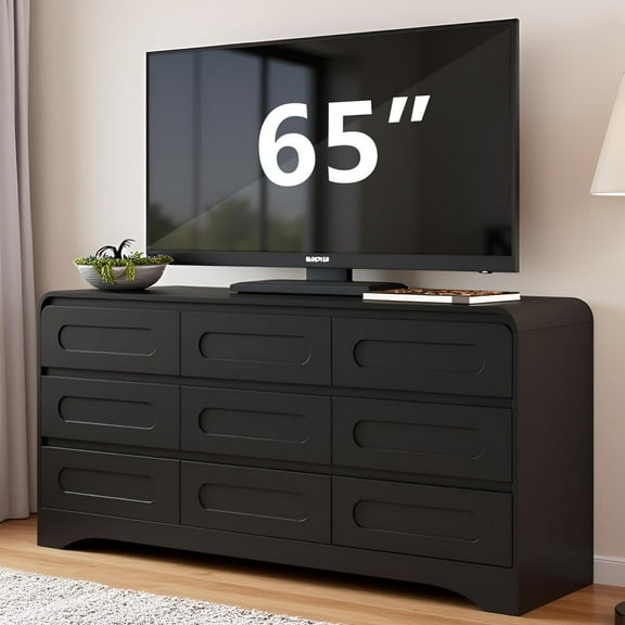 Dresser for Bedroom with 9 Drawers, 63" Large Modern Dressers & Chest of Drawers with Curved Profile Design, Wood Closet Clothes Storage Long Dressers Organizer for Bedroom Living Room Hallway, Black