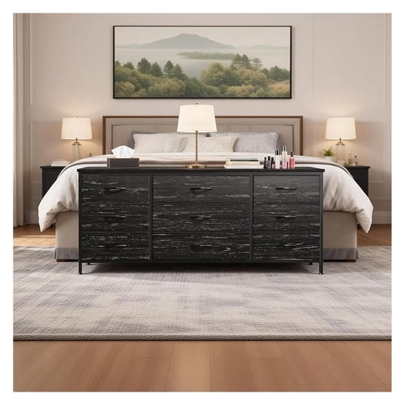 Dresser for Bedroom with 9 Wide Dressers, 60" TV Stand for Bedroom, Long Dresser & TV Entertainment Center with Sturdy Metal Frame, Living Room, Dorm, Entryway, Black