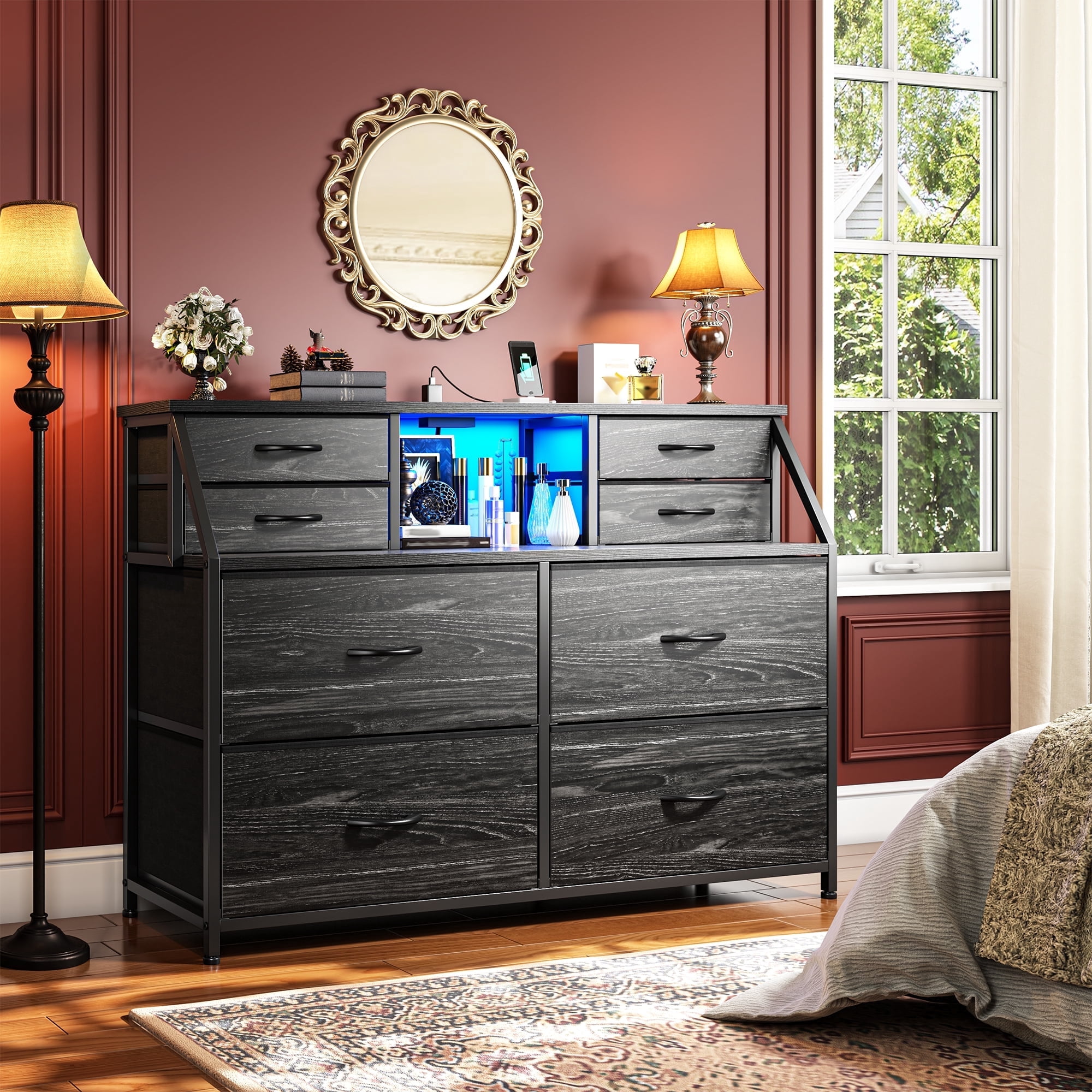 Romorgniz Dresser for Bedroom with 8 Fabric Drawers White Dresser with LED Lights & Charging Station & Open Shelf for Living Room and Entryway