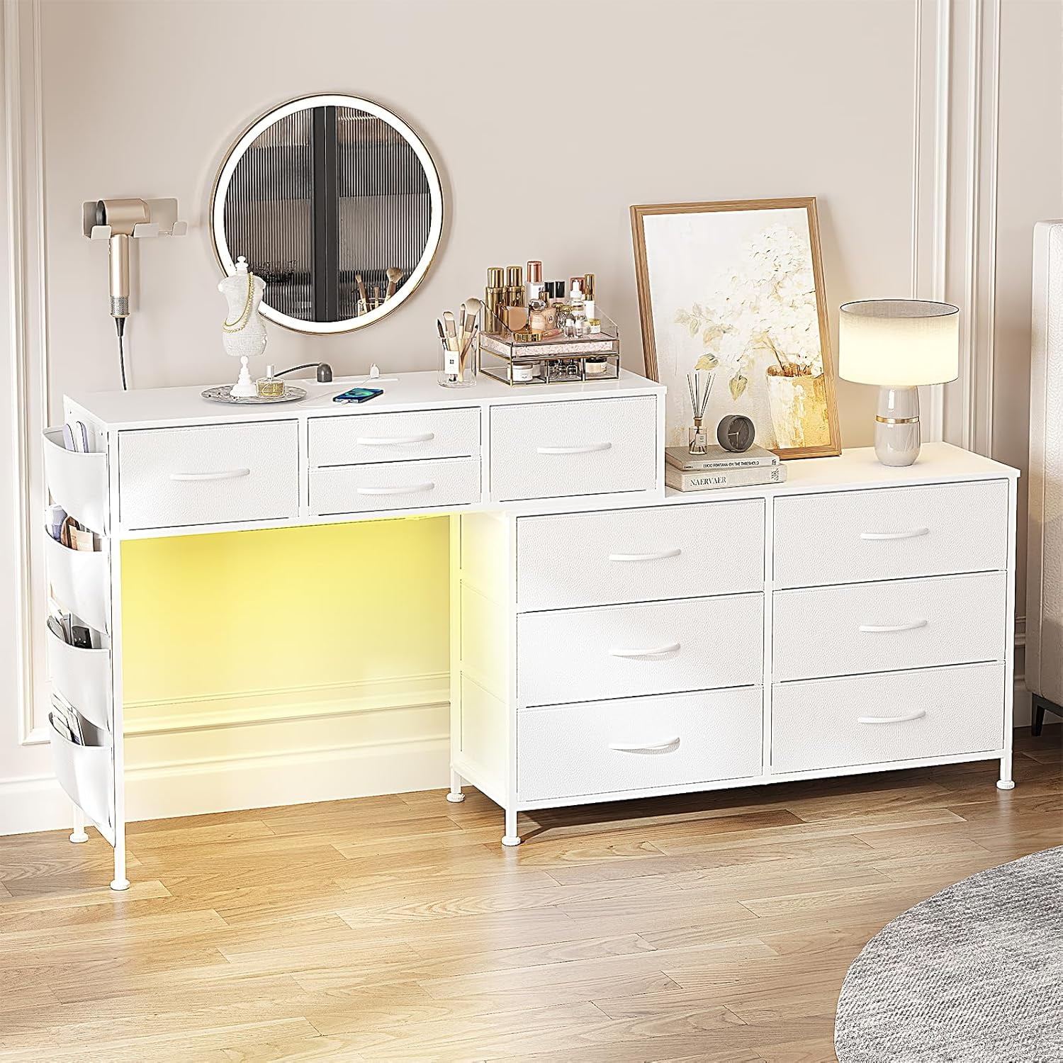 Dresser for Bedroom with Charging Station and LED Light, 67" Rotatable ...